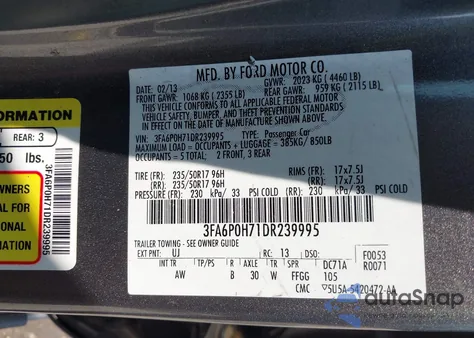 2013 Ford Fusion Se из США, поврежденный, VIN 3FA6P0H71DR239995
